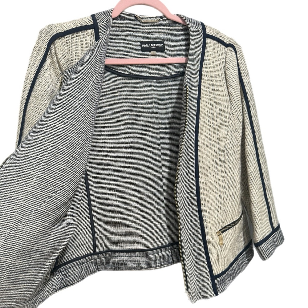 Karl Lagerfeld Cream Tweed Open-Front Jacket with Black Trim - Picture 4 of 15